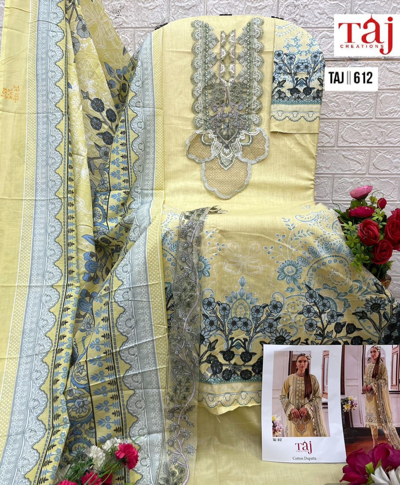 612 Yellow Taj Creations Printed Pakistani Patch Suits