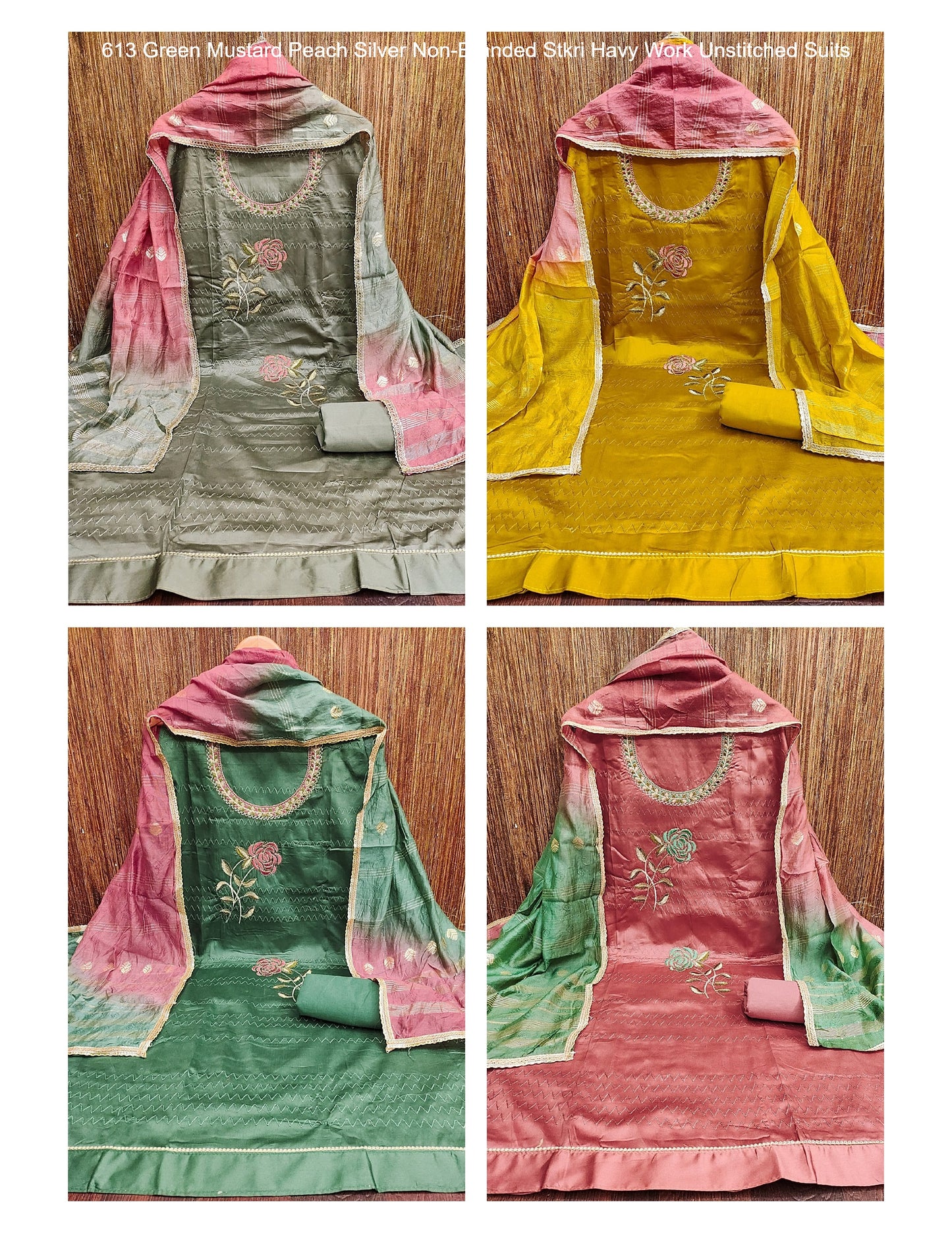 613 Green Mustard Peach Silver Non-Branded Stkri Havy Work Unstitched Suits