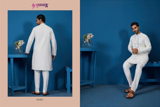 61431 White Shubhvastra Viscose Silk Mens Kurta Pyjama
