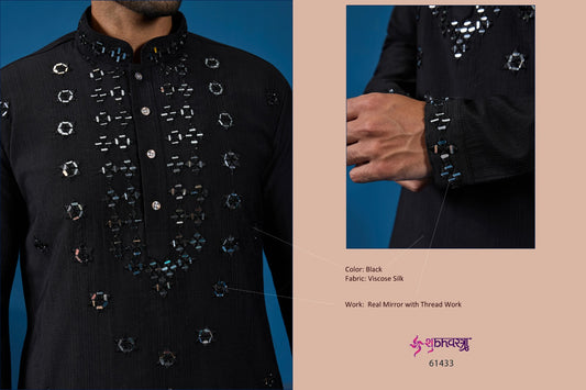 61433 Black Shubhvastra Viscose Silk Mens Kurta Pyjama