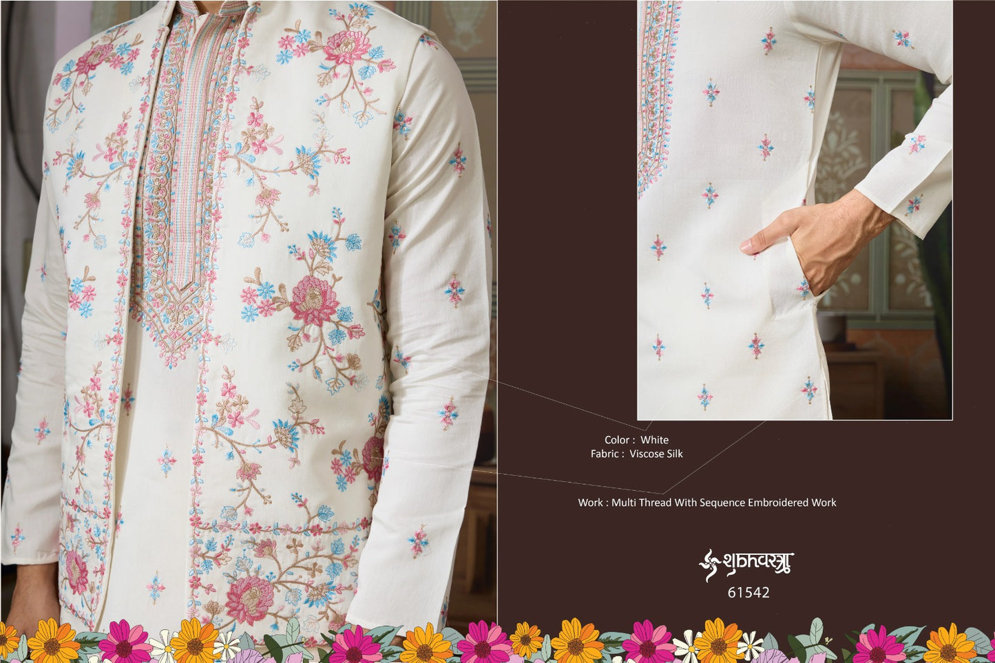 61542 Golden Viraasat Unstitch Shubhvastra With Koti Mens Kurta Pyjama