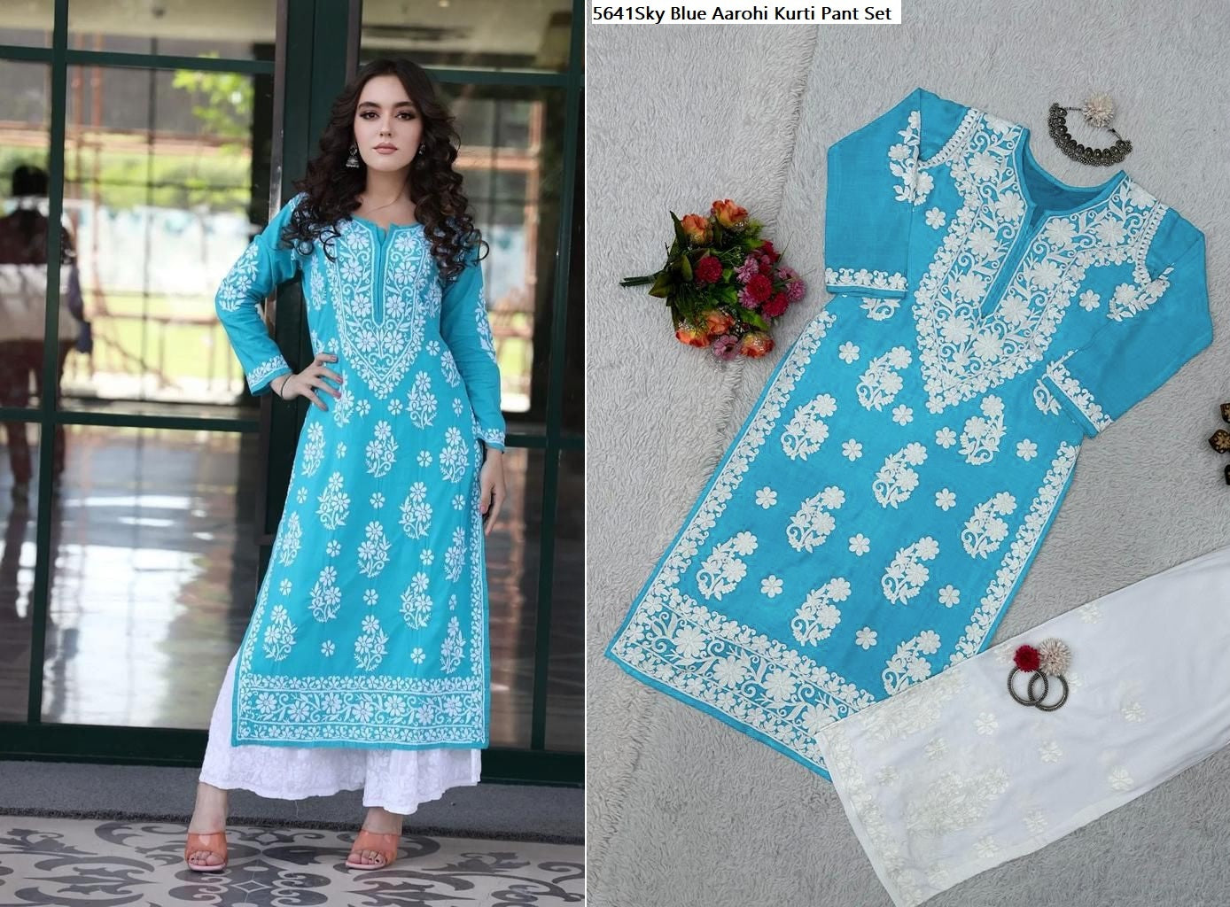 5641Sky Blue Aarohi Kurti Pant Set