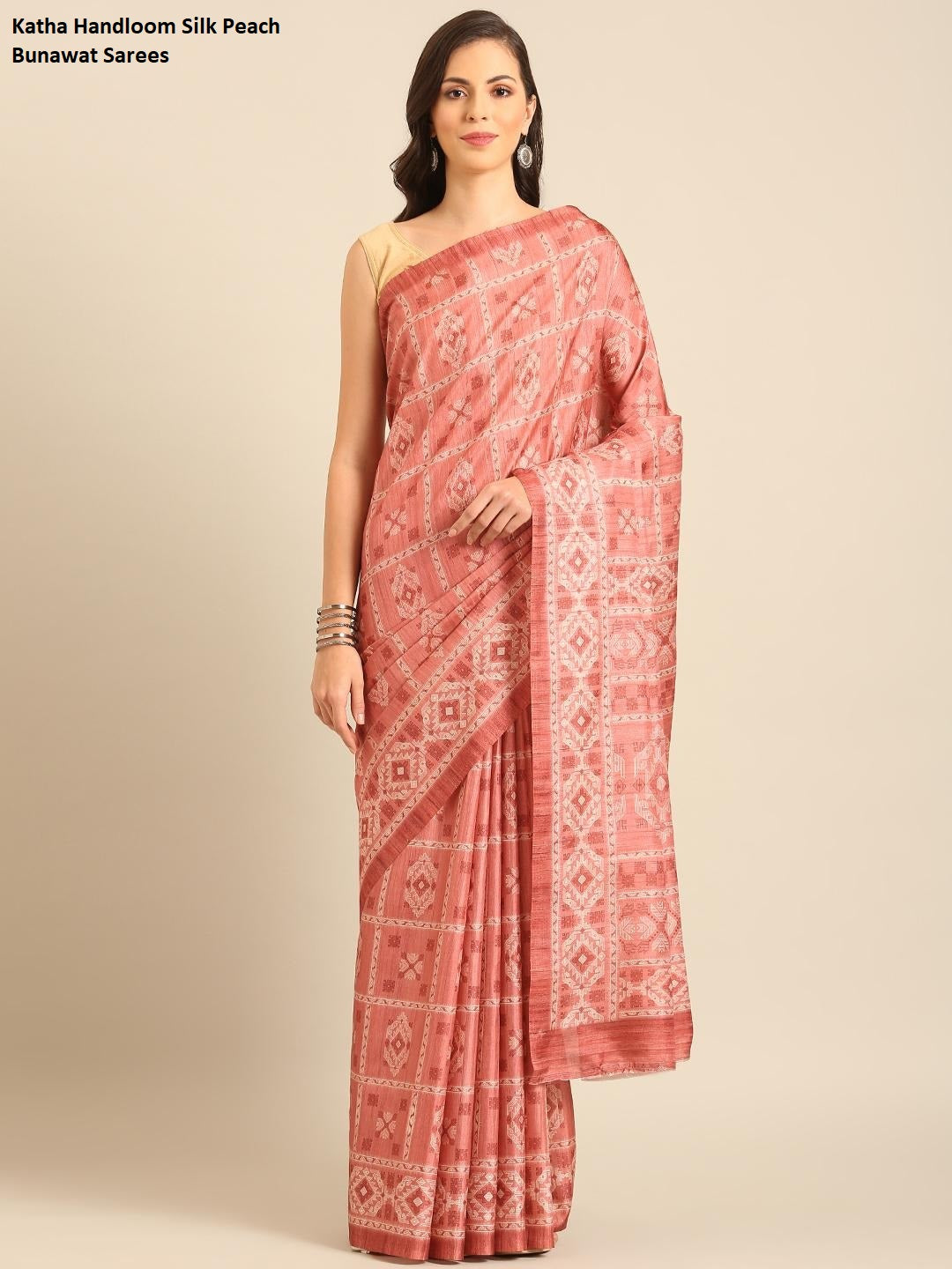 Katha Handloom Silk Peach Bunawat Sarees