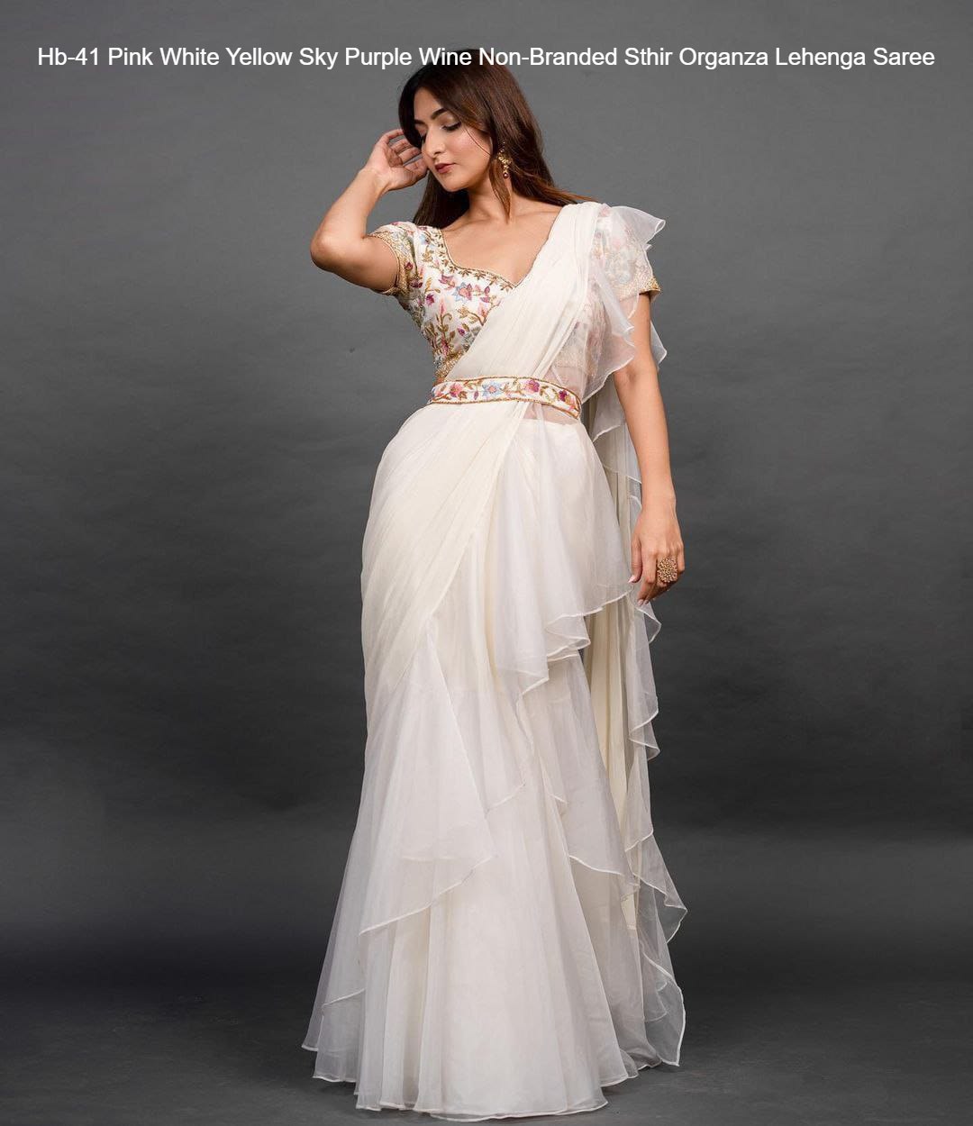 Hb-41 Pink White Yellow Sky Purple Wine Non-Branded Sthir Organza Lehenga Saree