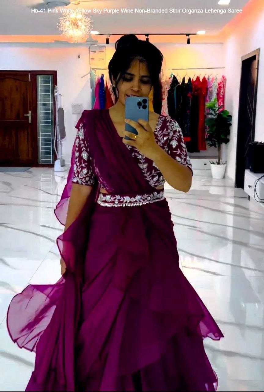 Hb-41 Pink White Yellow Sky Purple Wine Non-Branded Sthir Organza Lehenga Saree