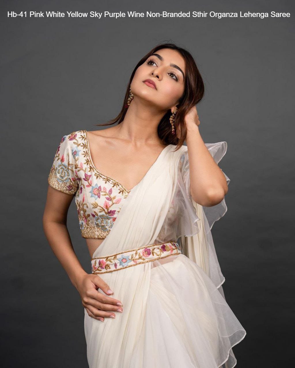Hb-41 Pink White Yellow Sky Purple Wine Non-Branded Sthir Organza Lehenga Saree