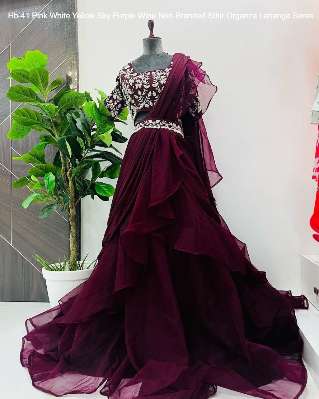 Hb-41 Pink White Yellow Sky Purple Wine Non-Branded Sthir Organza Lehenga Saree