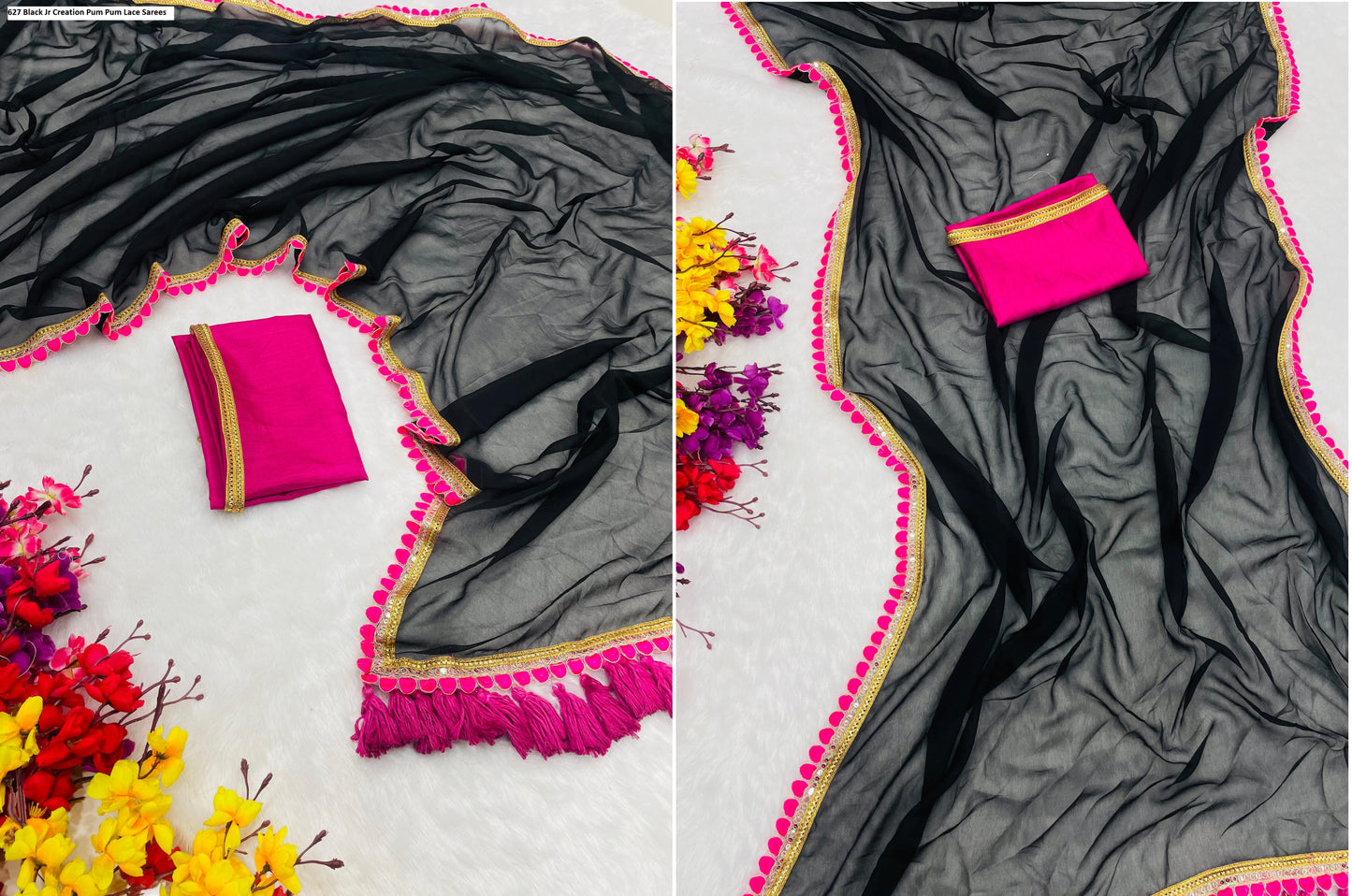 627 Black Jr Creation Pum Pum Lace Sarees