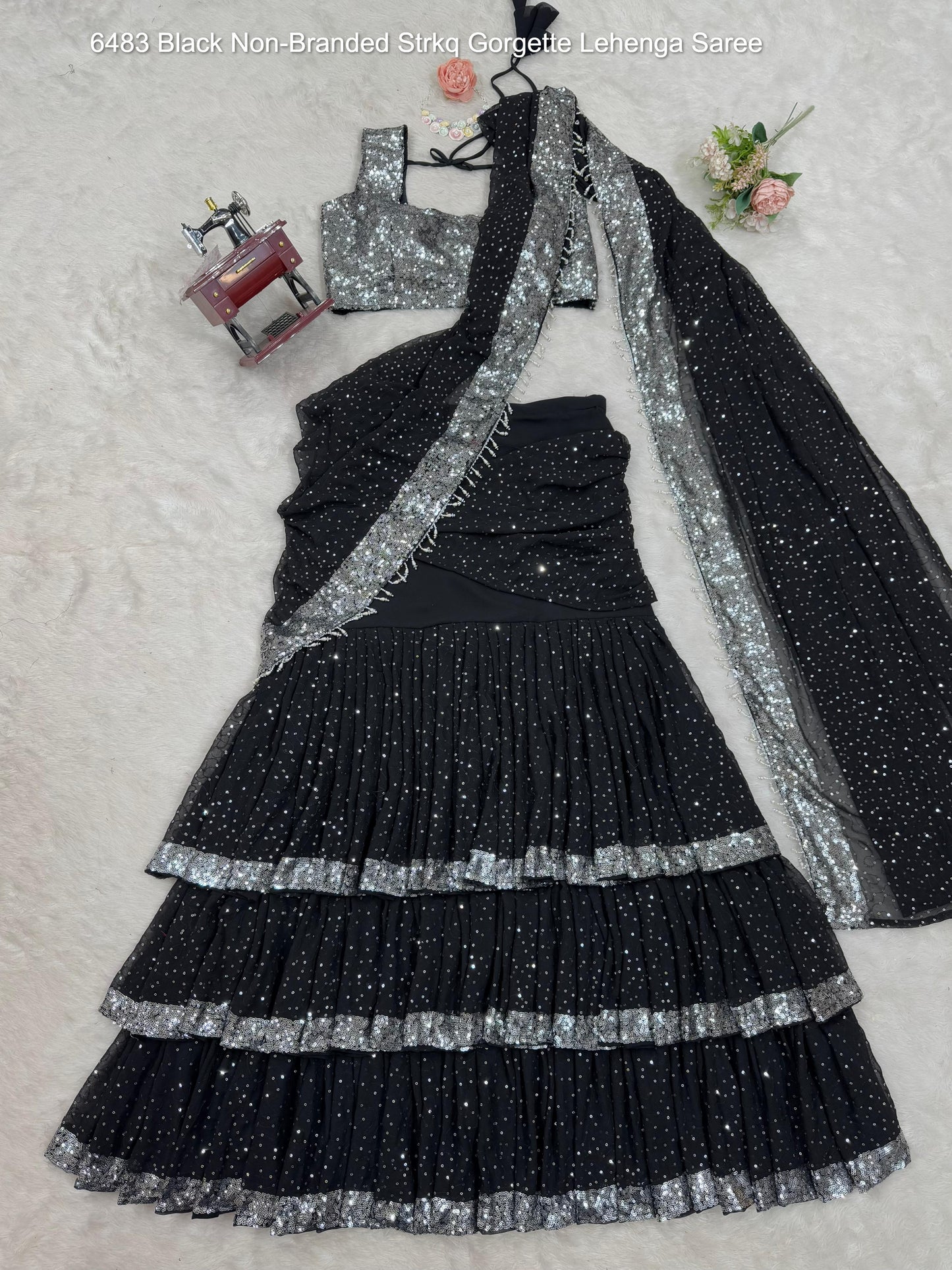 6483 Black Non-Branded Strkq Gorgette Lehenga Saree