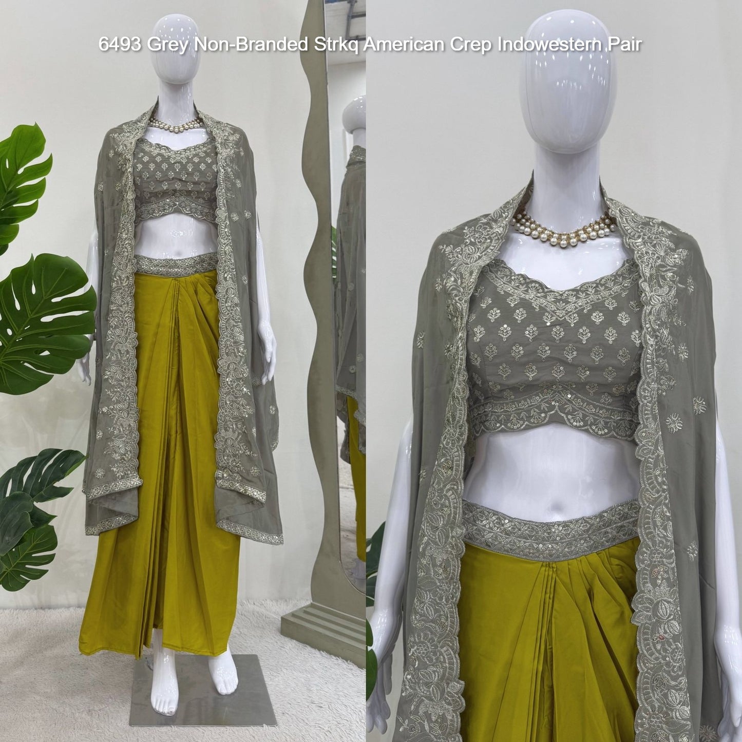 6493 Grey Non-Branded Strkq American Crep Indowestern Pair