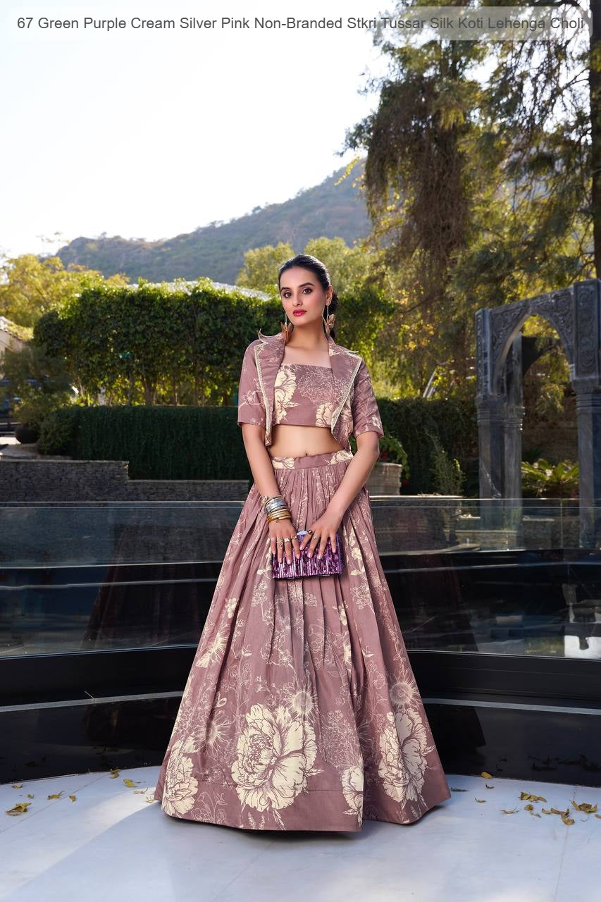 67 Green Purple Cream Silver Pink Non-Branded Stkri Tussar Silk Koti Lehenga Choli
