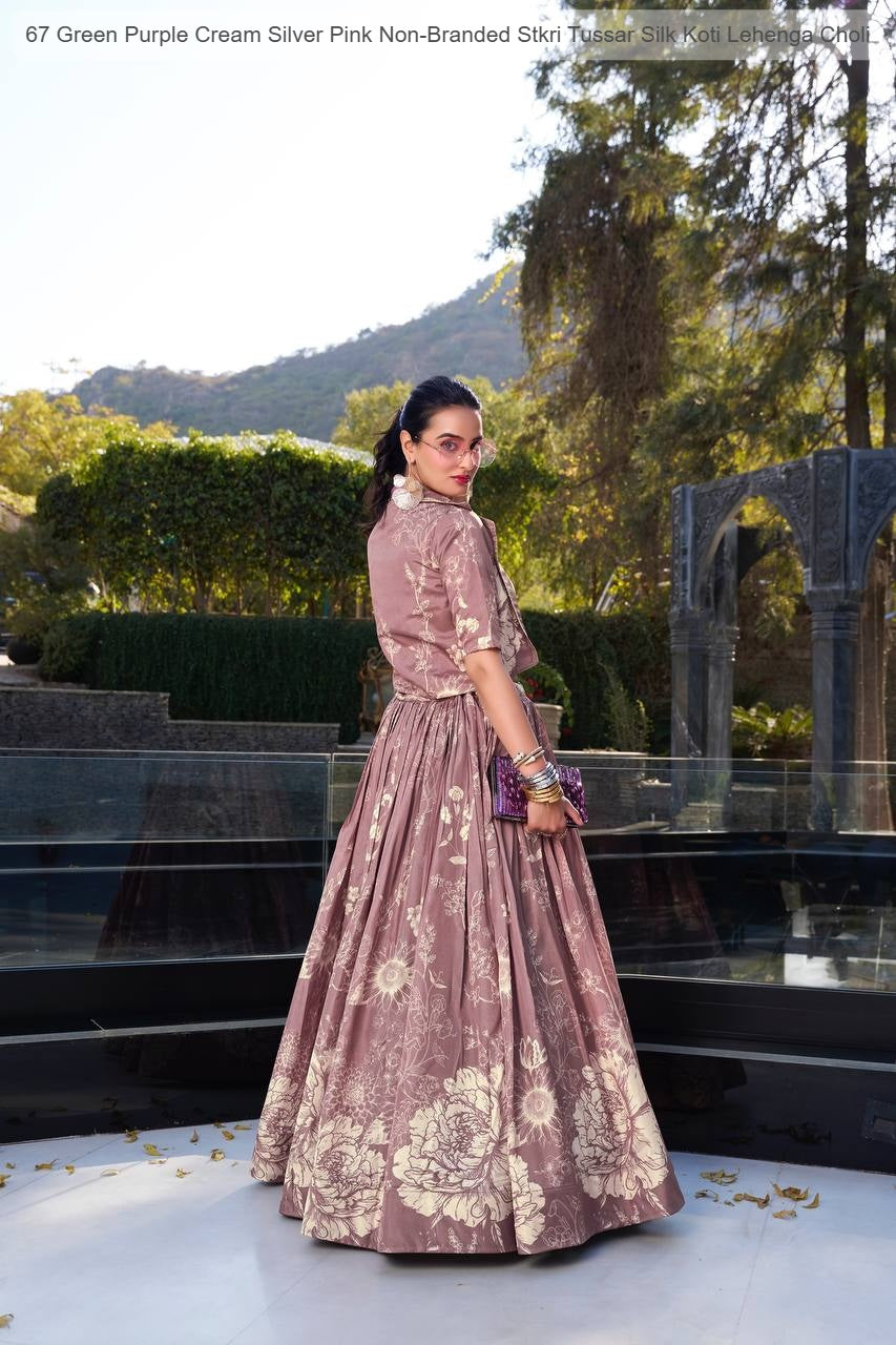 67 Green Purple Cream Silver Pink Non-Branded Stkri Tussar Silk Koti Lehenga Choli