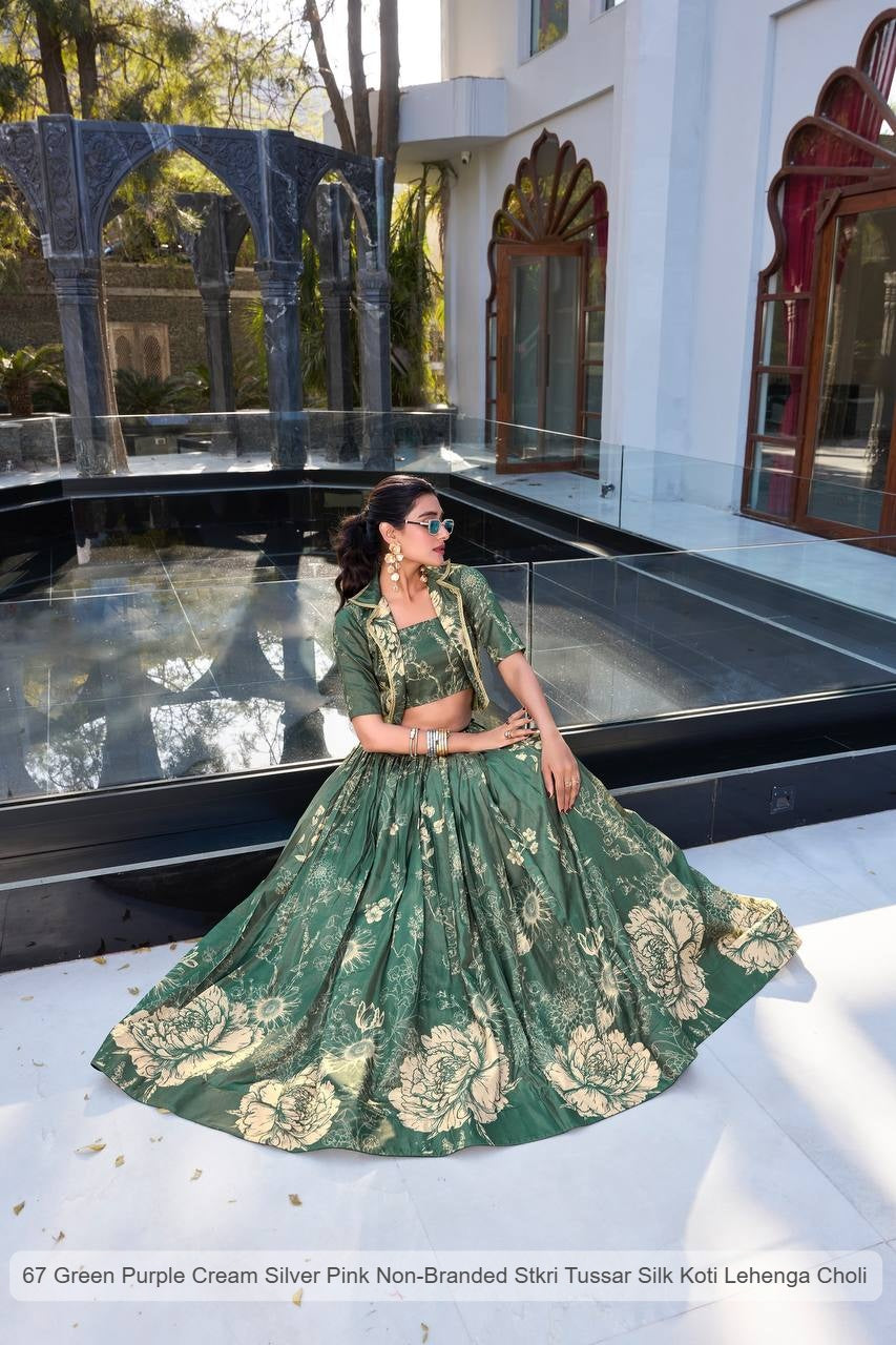 67 Green Purple Cream Silver Pink Non-Branded Stkri Tussar Silk Koti Lehenga Choli