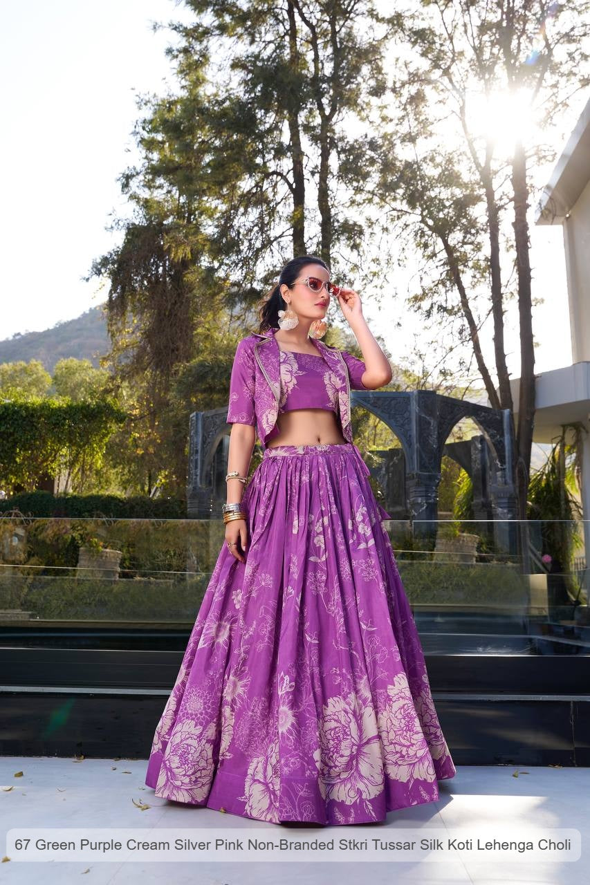 67 Green Purple Cream Silver Pink Non-Branded Stkri Tussar Silk Koti Lehenga Choli