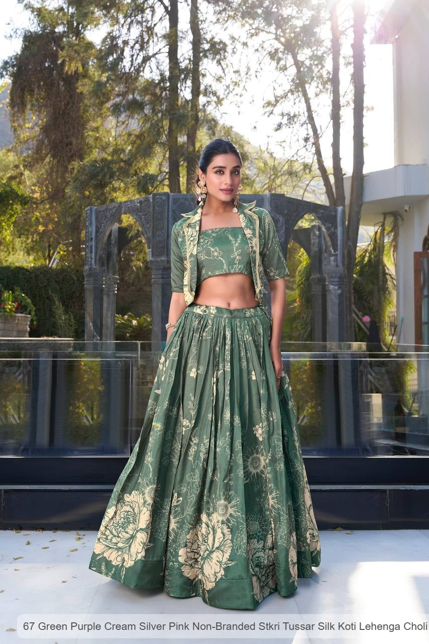 67 Green Purple Cream Silver Pink Non-Branded Stkri Tussar Silk Koti Lehenga Choli