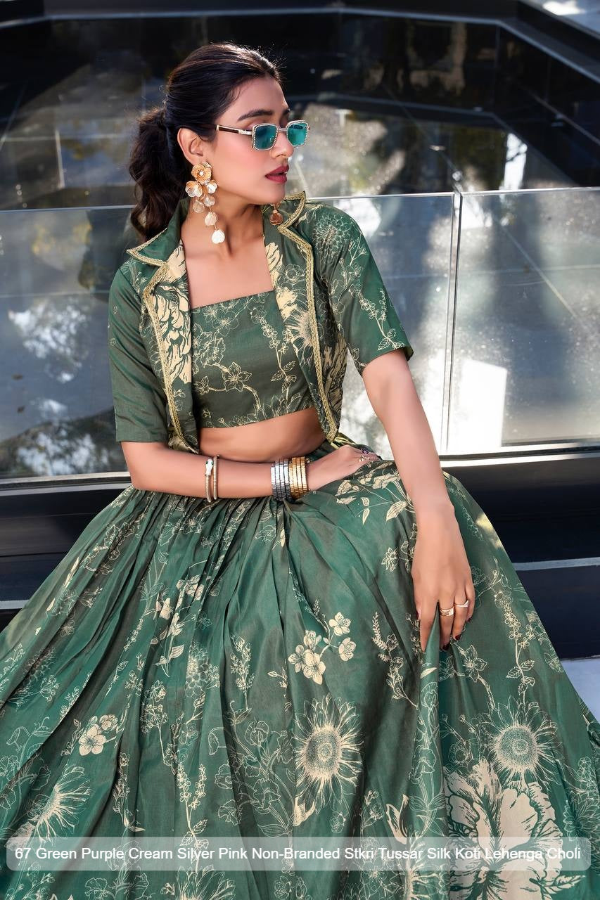 67 Green Purple Cream Silver Pink Non-Branded Stkri Tussar Silk Koti Lehenga Choli