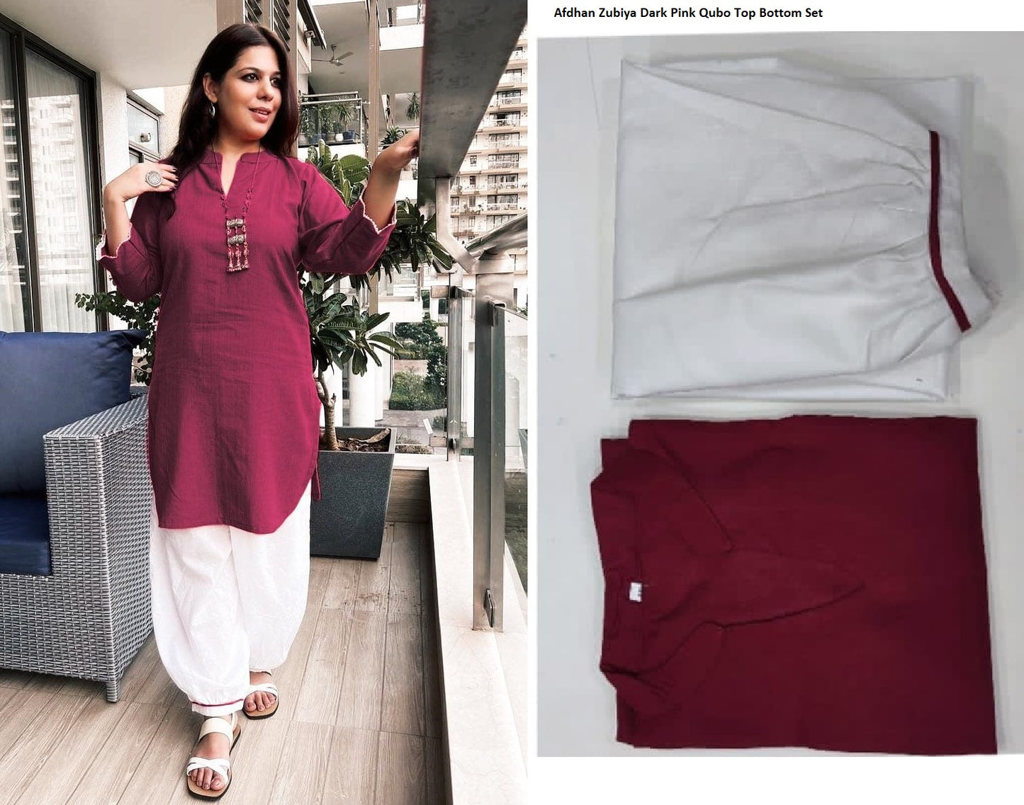 Afdhan Zubiya Dark Pink Qubo Top Bottom Set