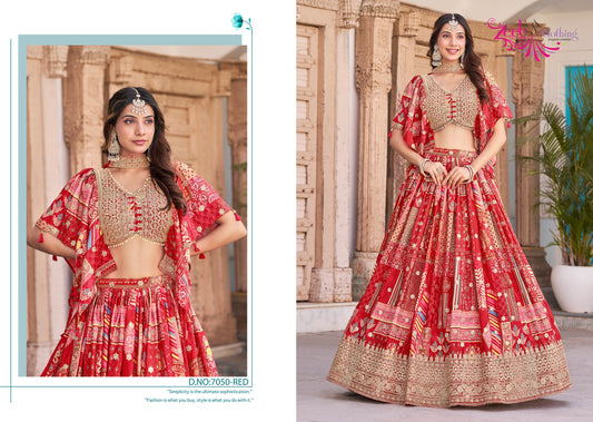 7050 Red Queen Zeel Chinnon Silk Lehenga Choli
