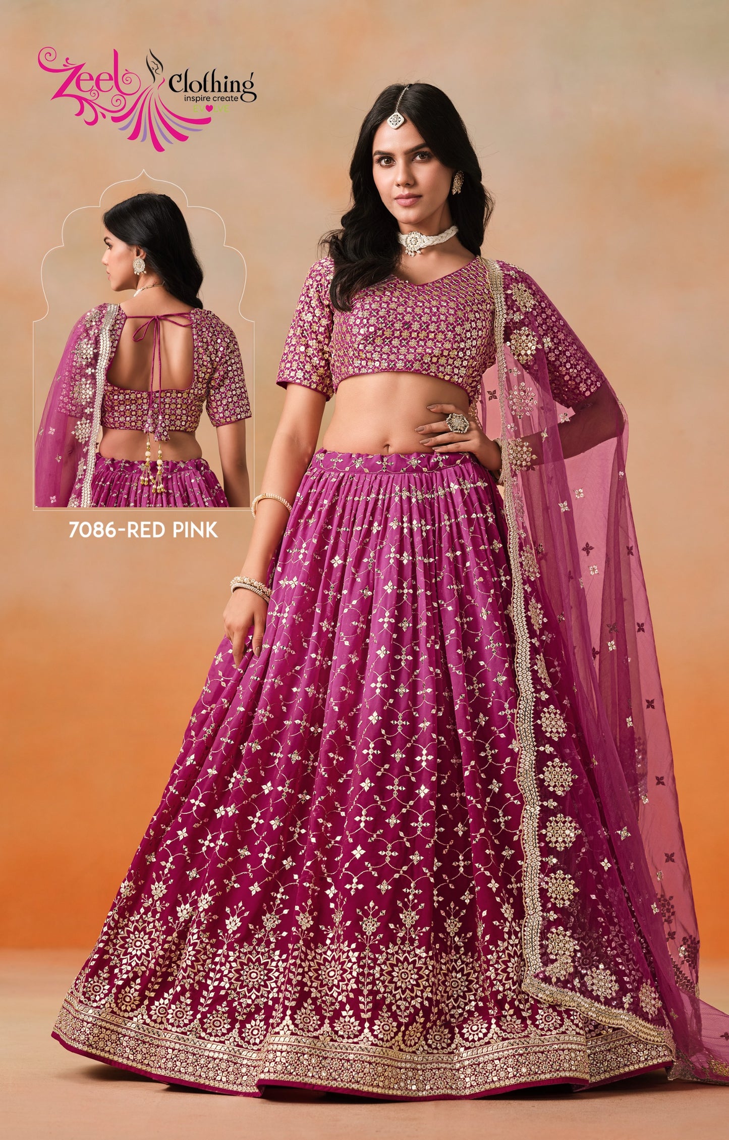 7086-Red Pink Elegance Zeel Georgette Lehenga Choli