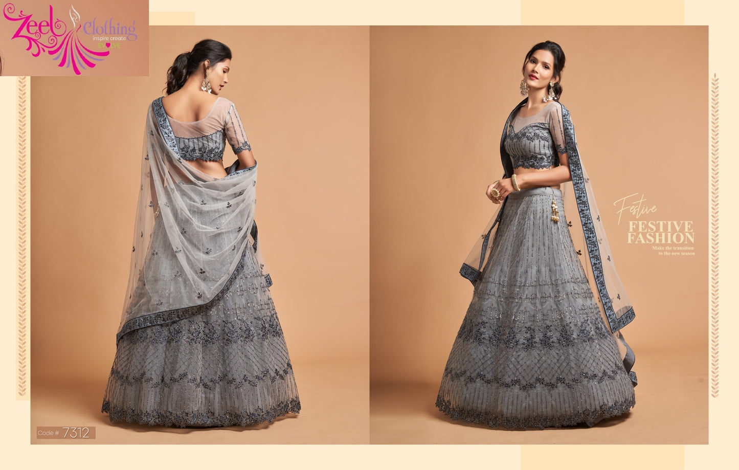 7312 Grey Neo Romantic Vol-2 Zeel Soft Net Lehenga Choli