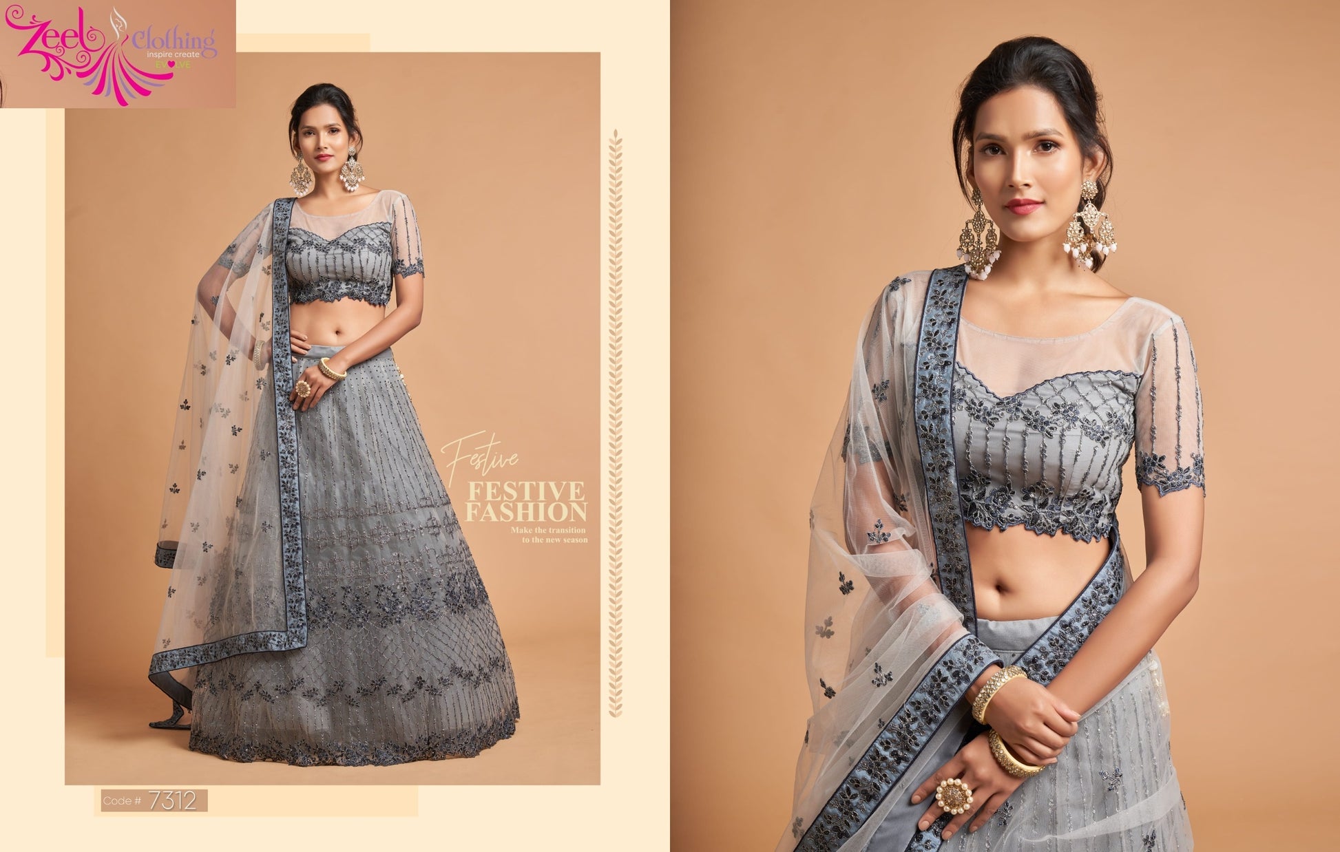 7312 Grey Neo Romantic Vol-2 Zeel Soft Net Lehenga Choli
