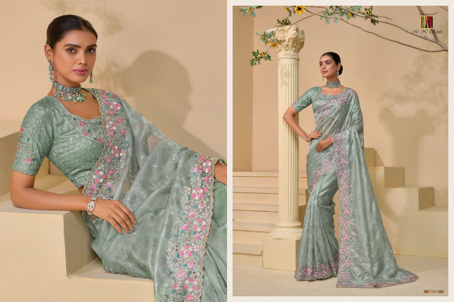 7503 Mn Mirror Work Sarees