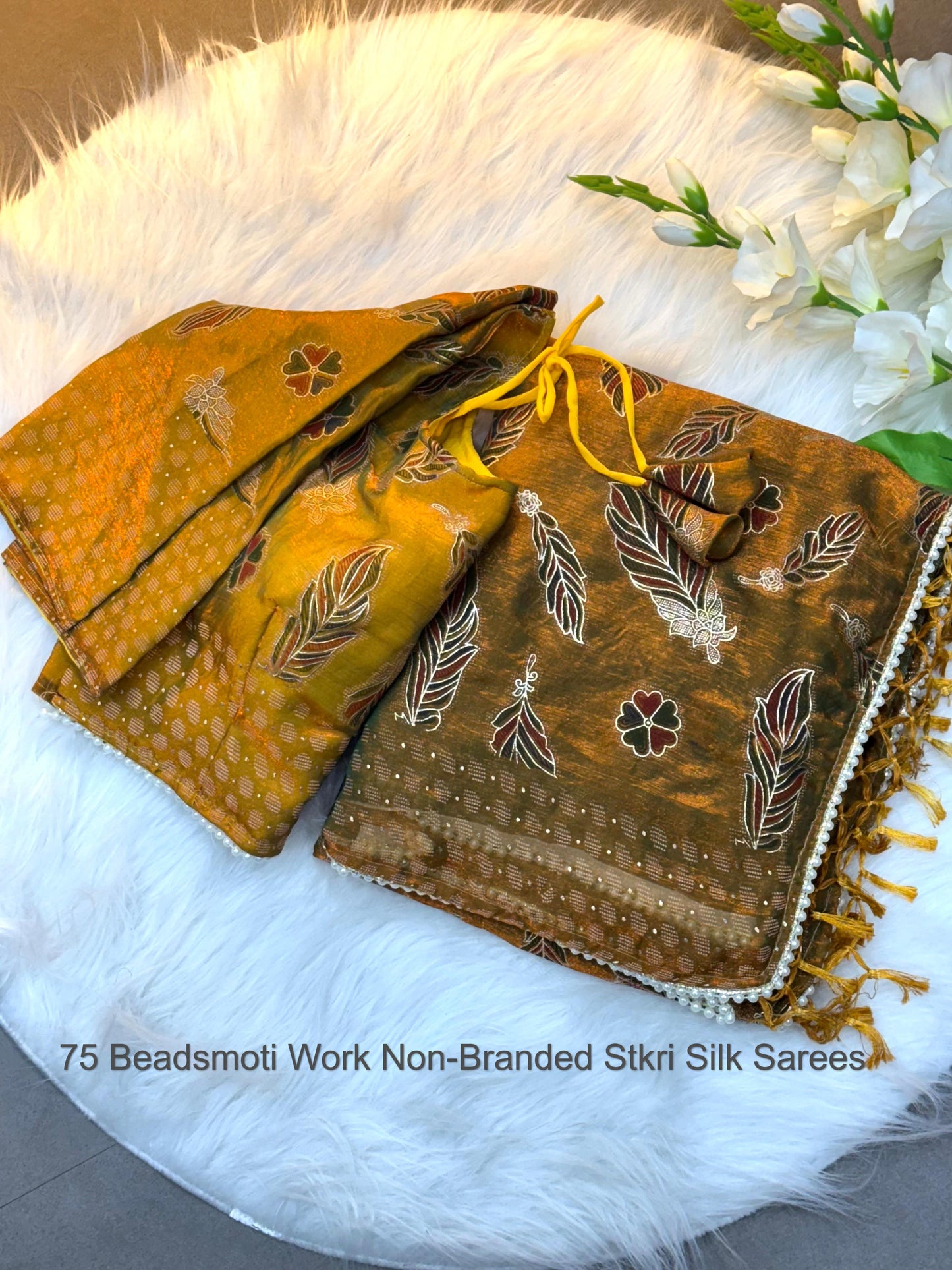 75 Beadsmoti Work Non-Branded Stkri Silk Sarees