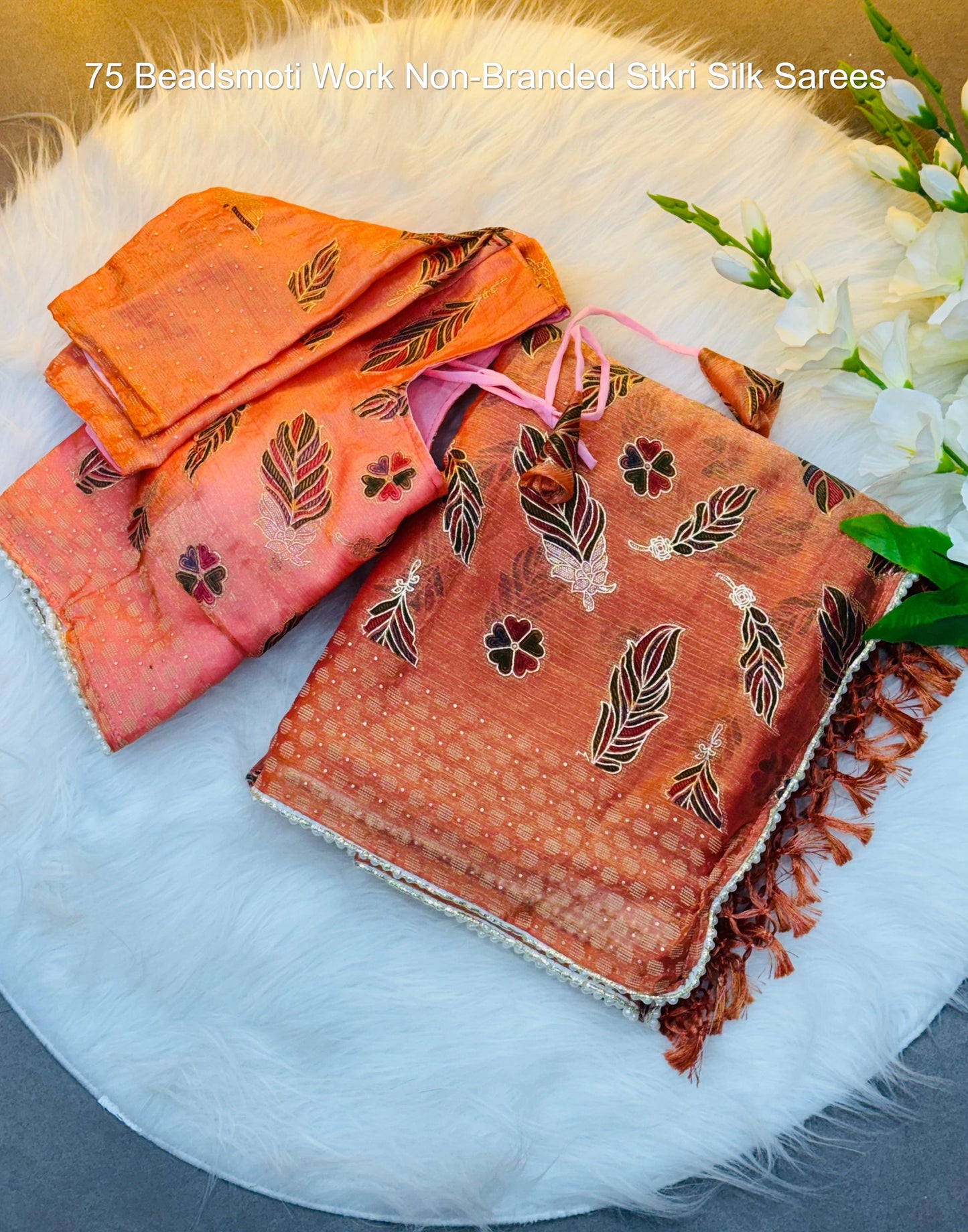75 Beadsmoti Work Non-Branded Stkri Silk Sarees