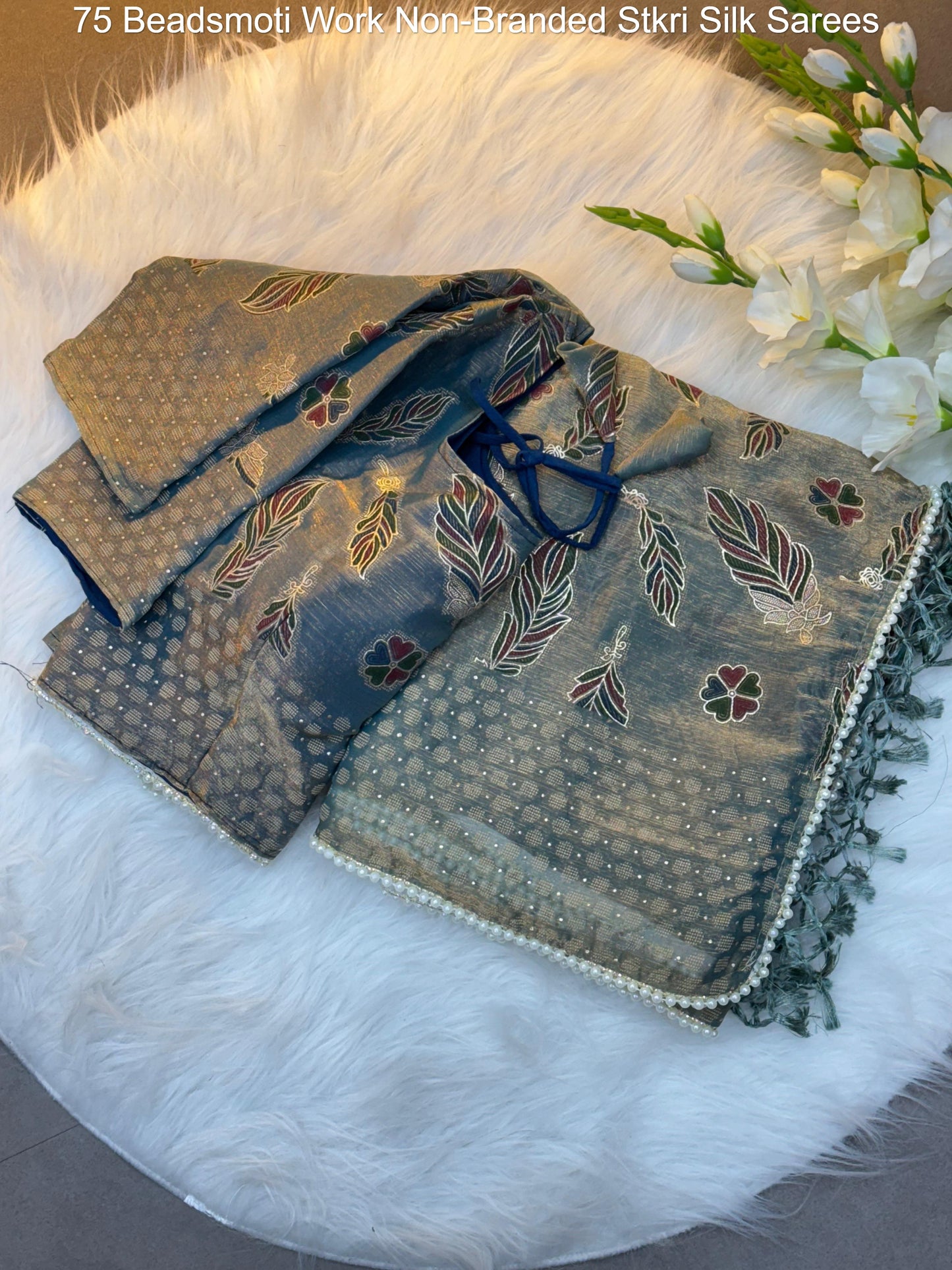 75 Beadsmoti Work Non-Branded Stkri Silk Sarees