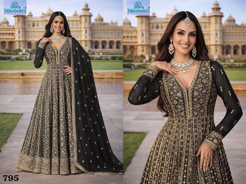 795 Zara Mrudangi Real Chinon Silk Gown Dupatta Set