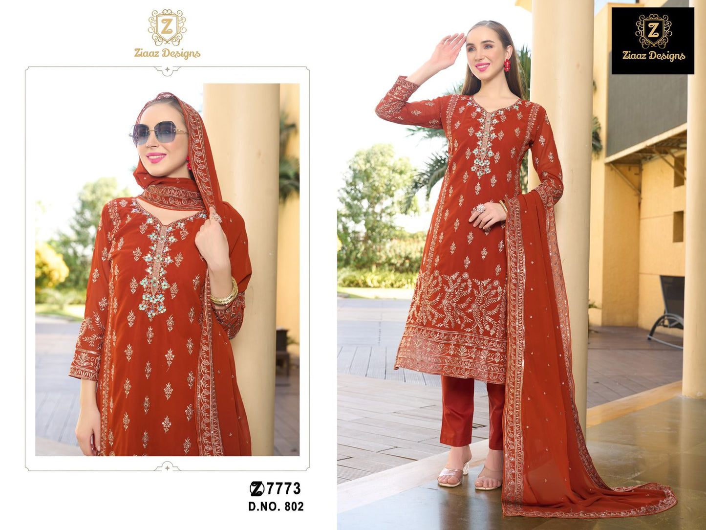 802 Orange Ziaaz Designs Embroidered Pakistani Salwar Suits