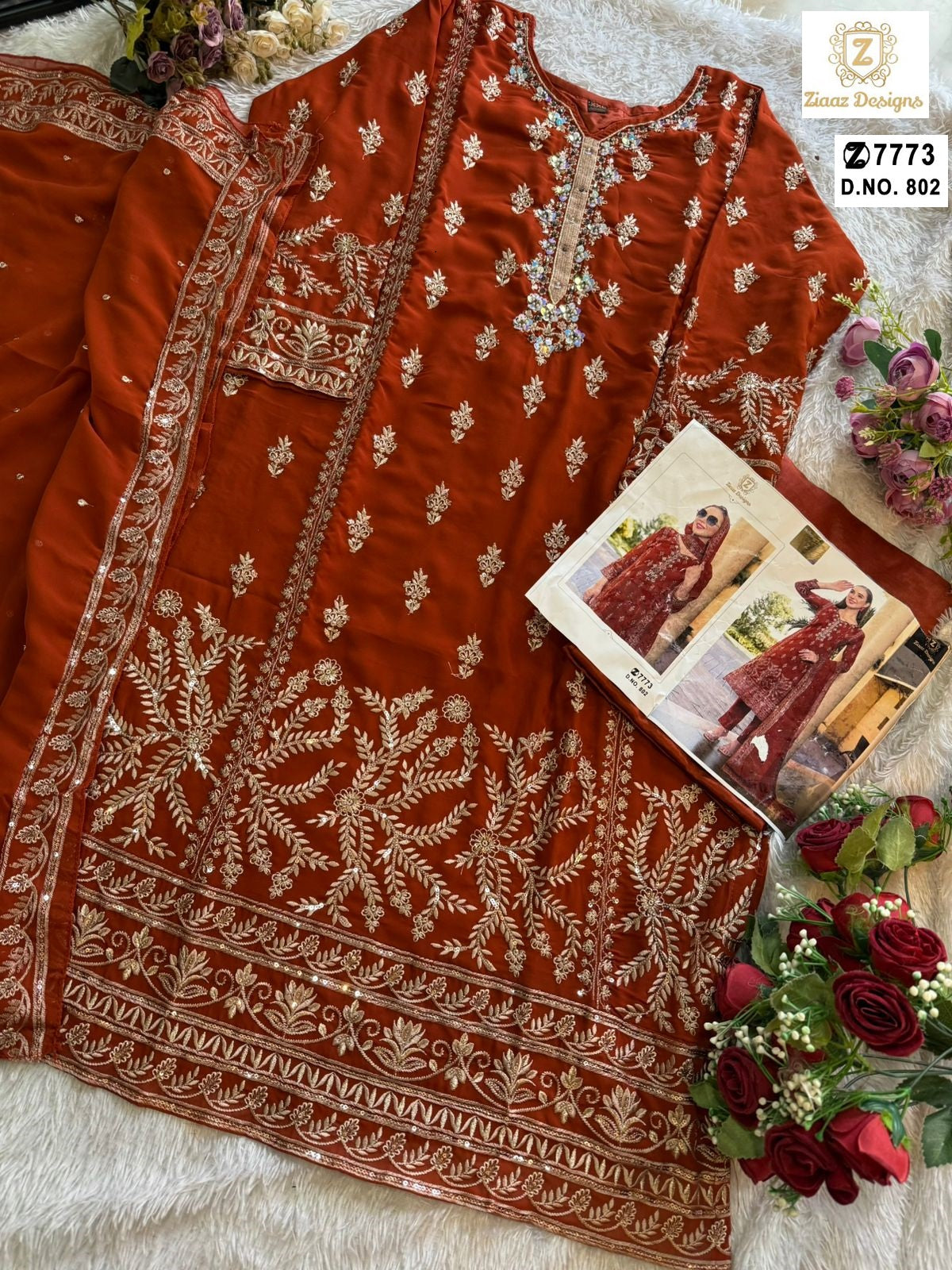 802 Orange Ziaaz Designs Embroidered Pakistani Salwar Suits