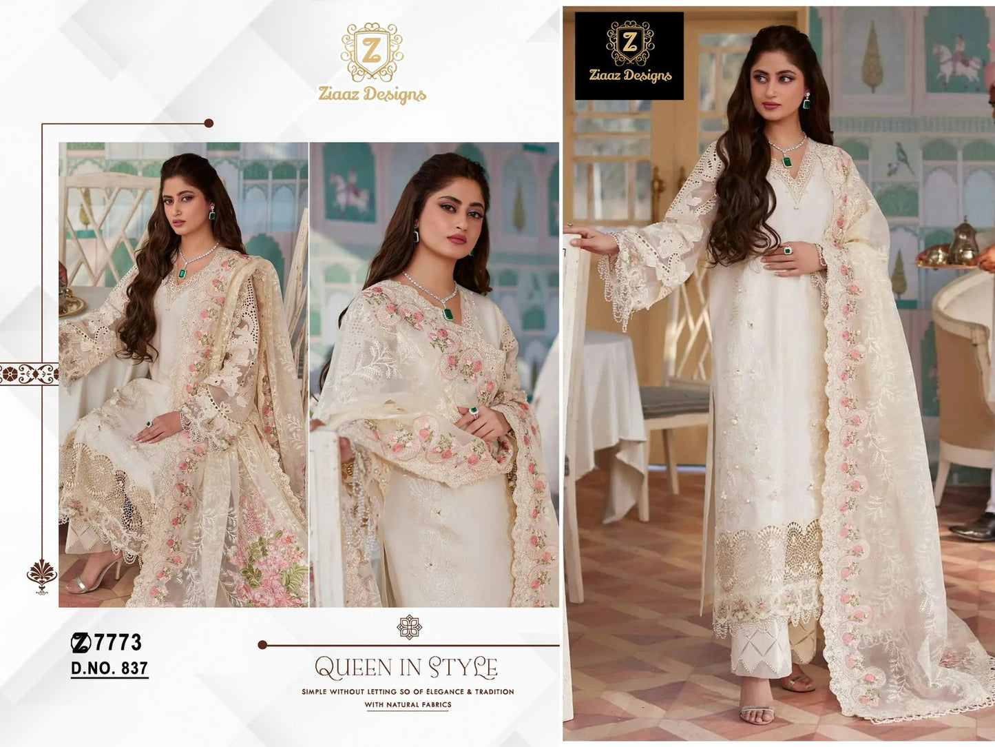 837 White Ziaaz Designs Embroidery Pakistani Salwar Suits
