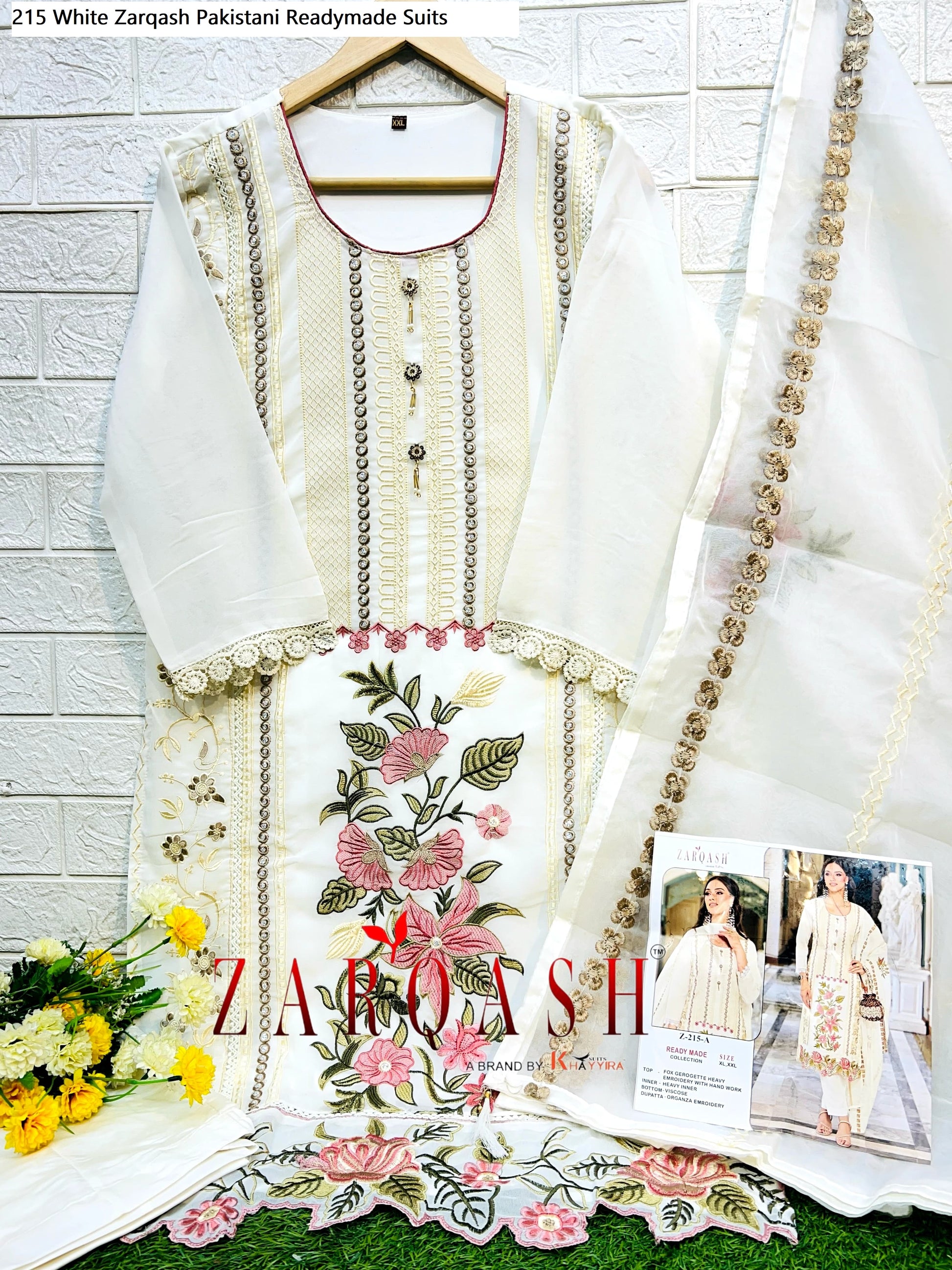 215 White Zarqash Pakistani Readymade Suits