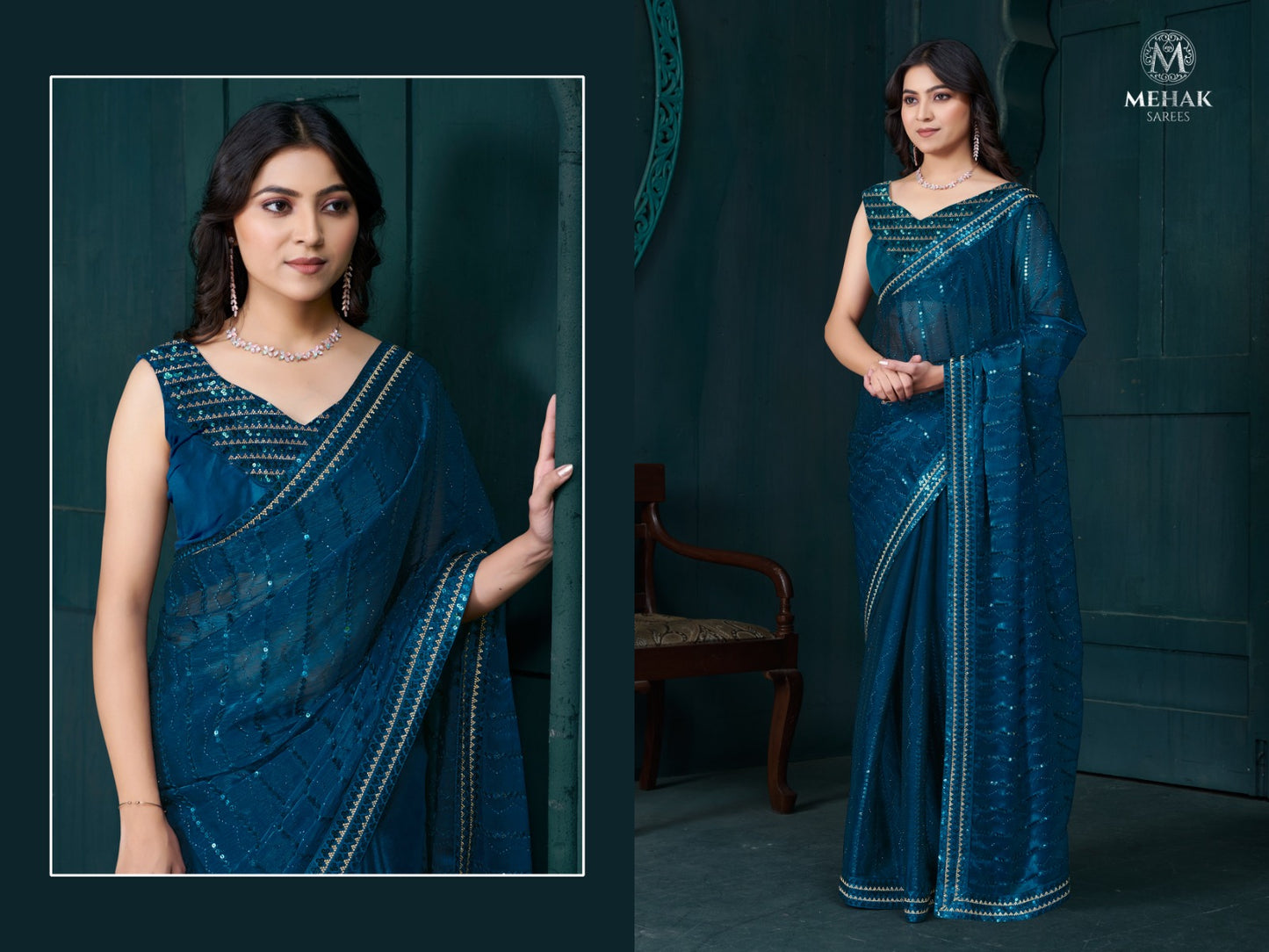 892 Navy Blue Mehek Organza Sarees