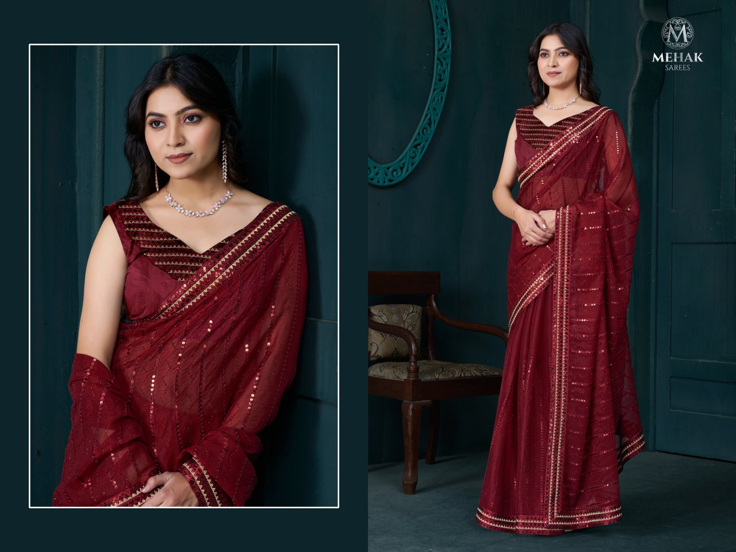 892 Red Mehek Organza Sarees