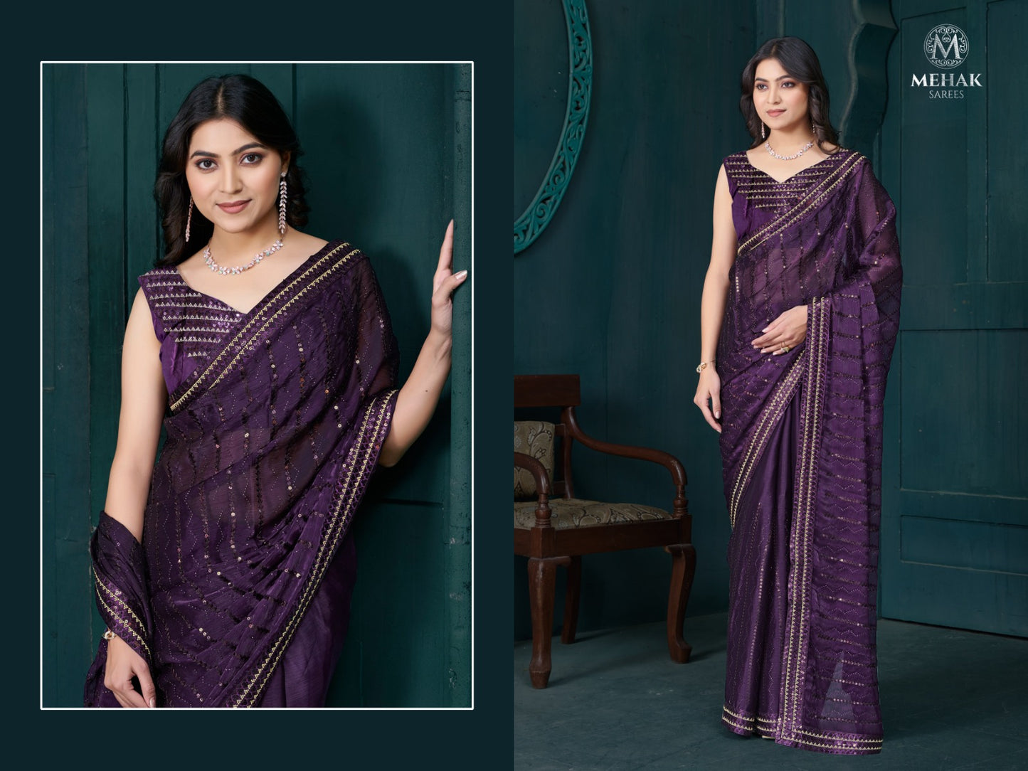 892 Wine Mehek Organza Sarees