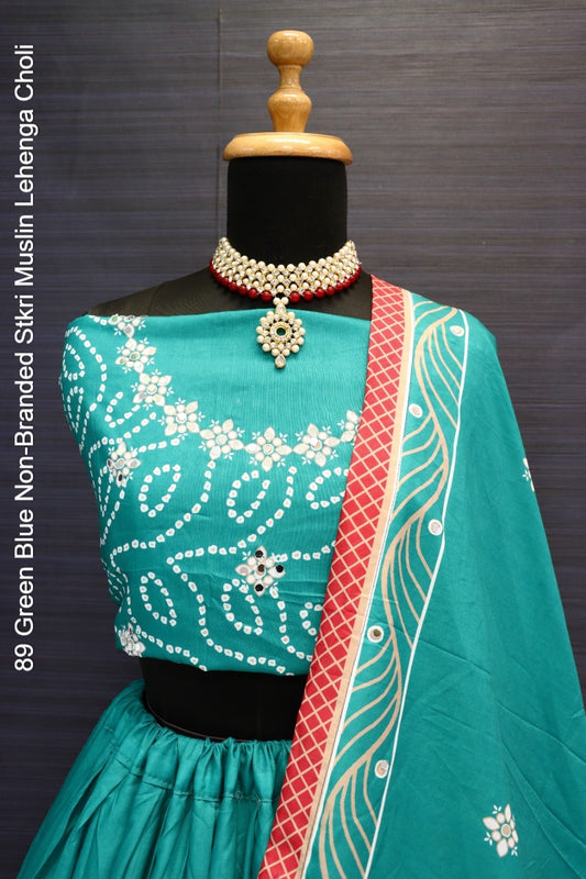 89 Green Blue Non-Branded Stkri Muslin Lehenga Choli