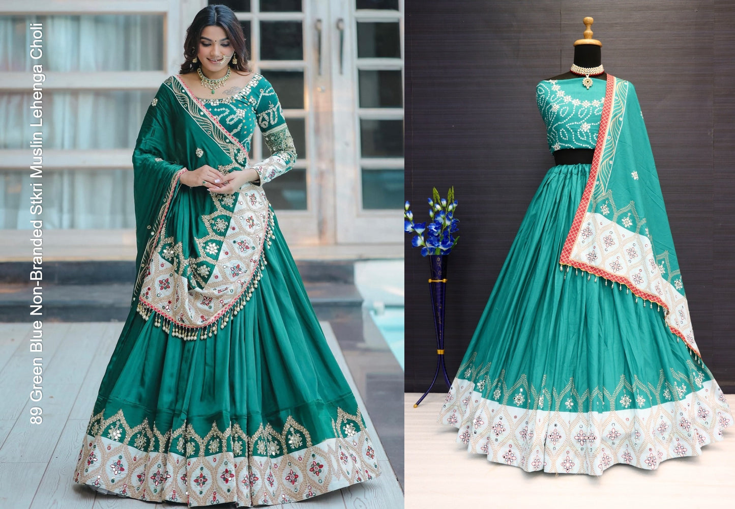 89 Green Blue Non-Branded Stkri Muslin Lehenga Choli