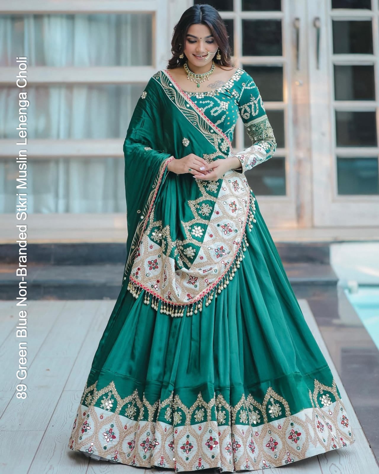 89 Green Blue Non-Branded Stkri Muslin Lehenga Choli