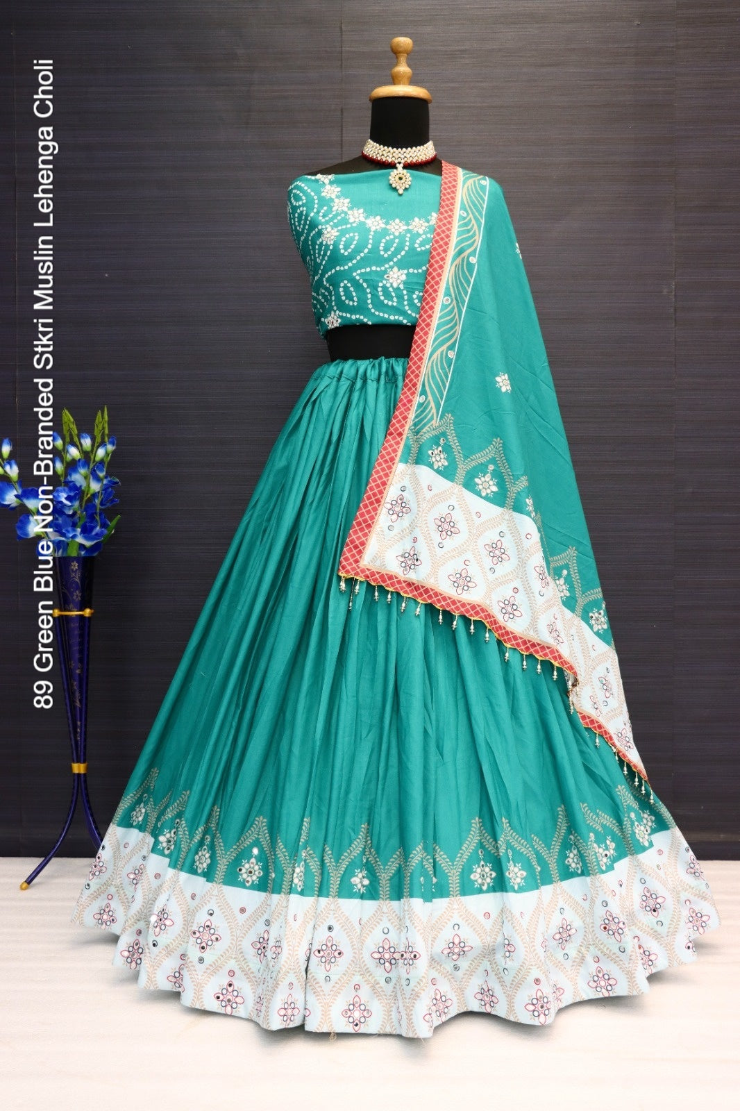 89 Green Blue Non-Branded Stkri Muslin Lehenga Choli