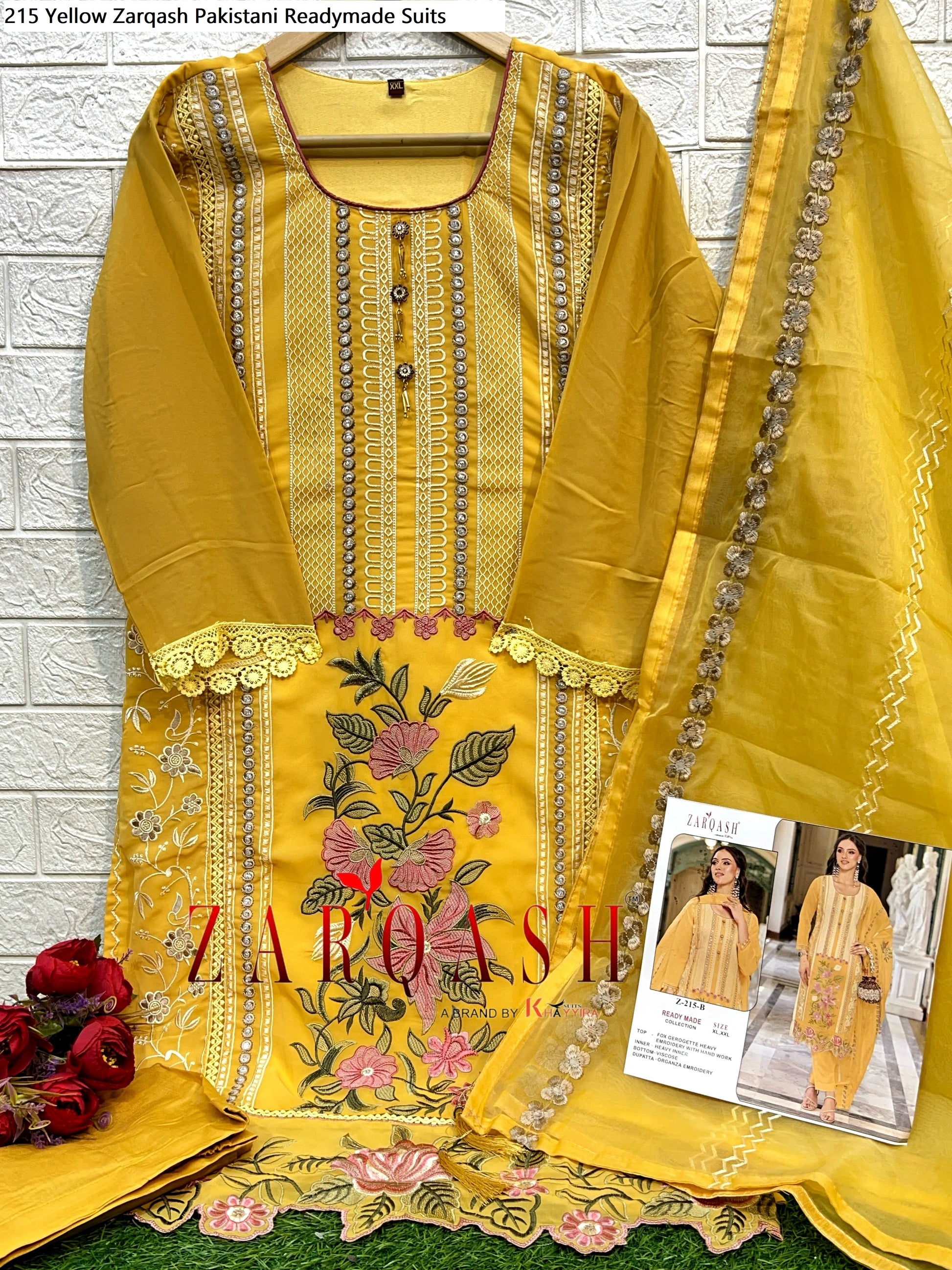 215 Yellow Zarqash Pakistani Readymade Suits