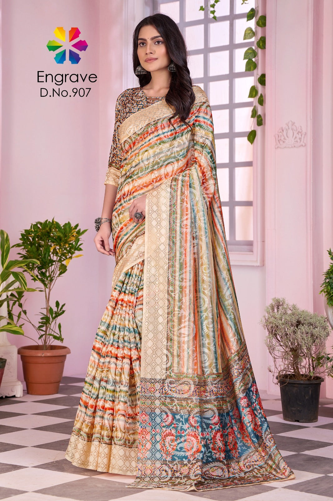 907 Engrave Jivora Print Sarees