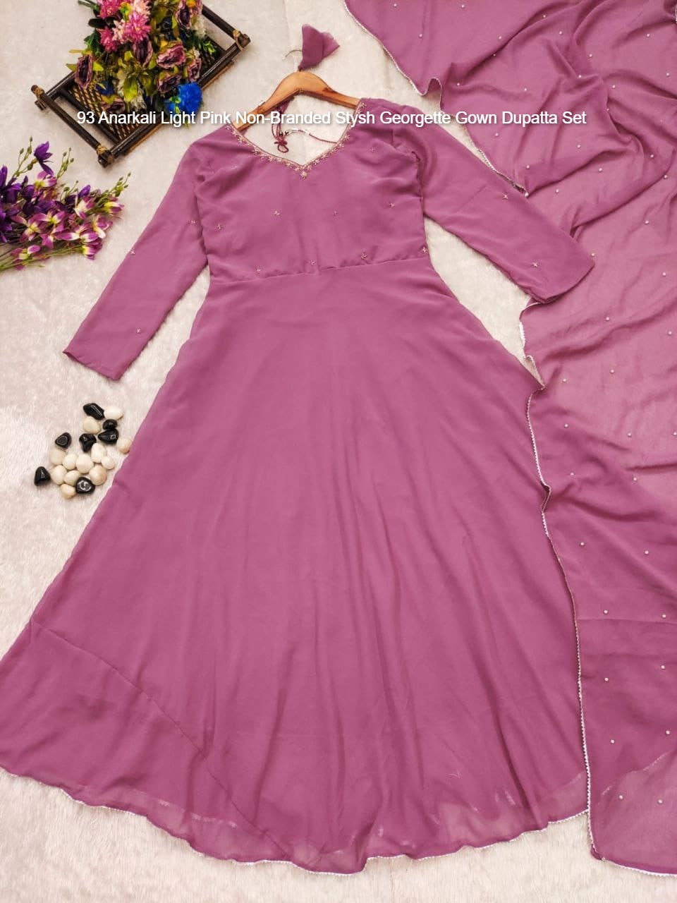 93 Anarkali Light Pink Non-Branded Stysh Georgette Gown Dupatta Set