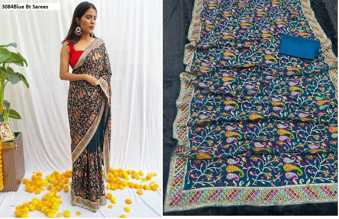 3084Blue Bt Sarees