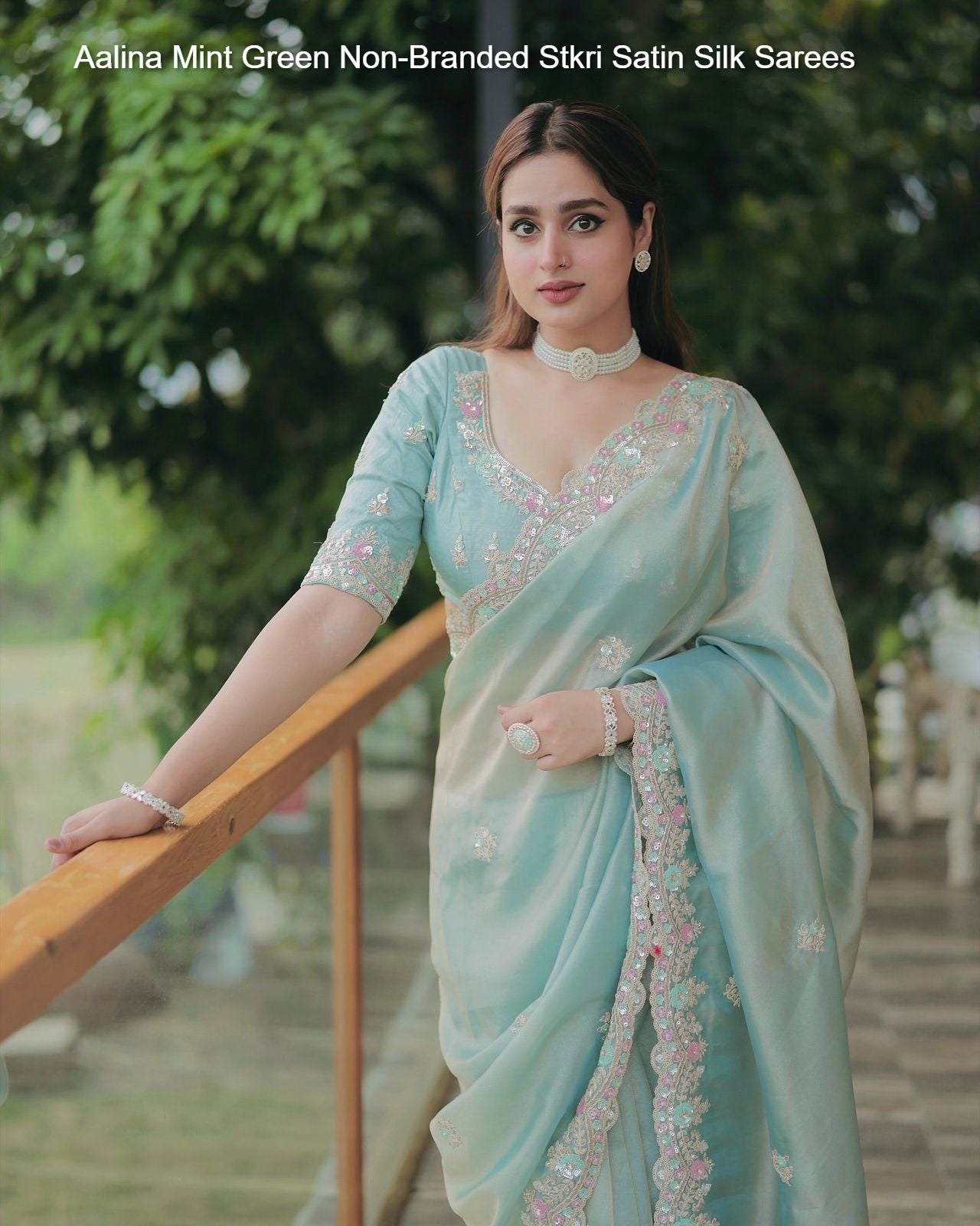 Aalina Mint Green Non-Branded Stkri Satin Silk Sarees