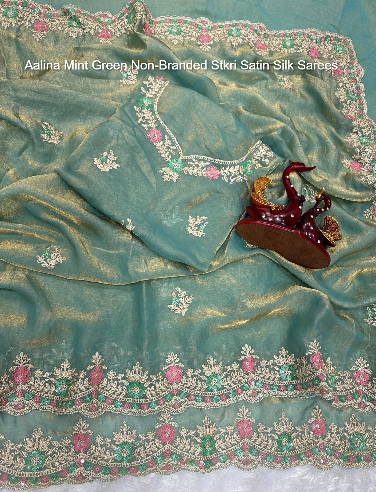 Aalina Mint Green Non-Branded Stkri Satin Silk Sarees