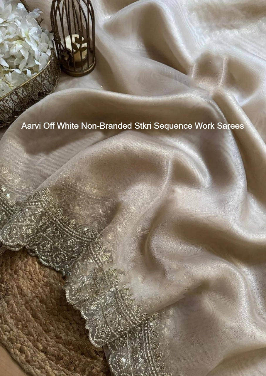 Aarvi Off White Non-Branded Stkri Sequence Work Sarees