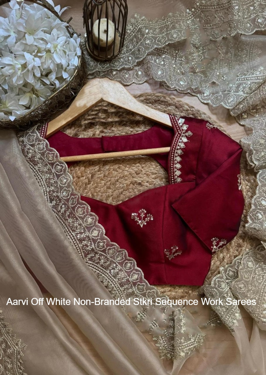 Aarvi Off White Non-Branded Stkri Sequence Work Sarees