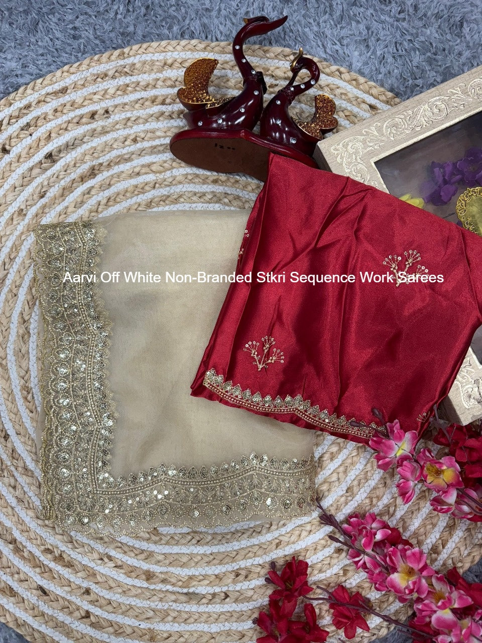 Aarvi Off White Non-Branded Stkri Sequence Work Sarees